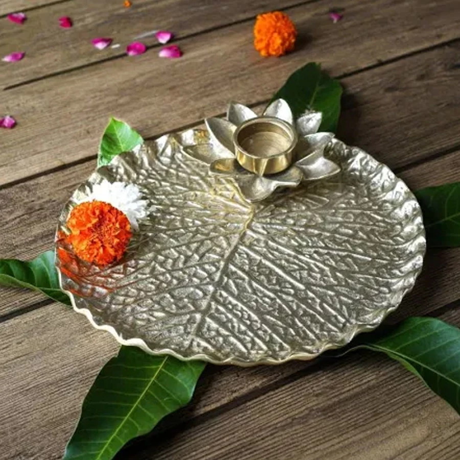 BEHOMA Aluminium Lotus Leaf Thali for Pooja and Decoration Aluminium Decorative Platter  (Gold)