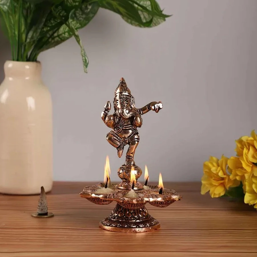 Dancing Lord Ganesh Copper Aluminium Diya Stand