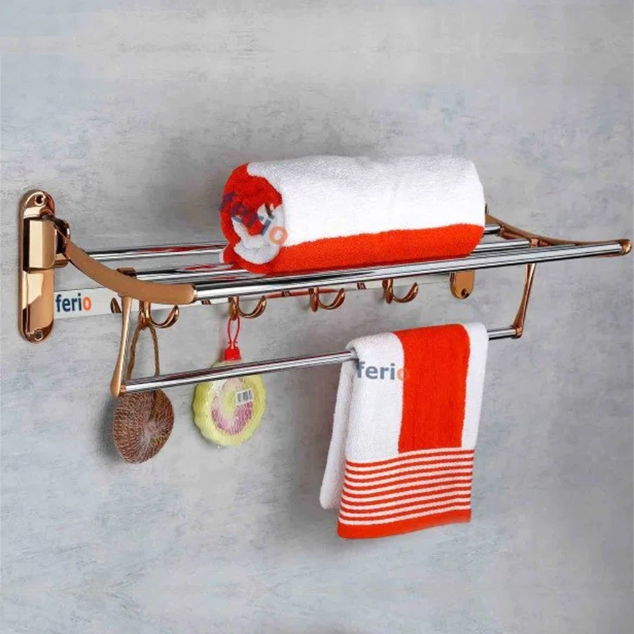 18" Inch Rose Gold Stainless Steel Folding Bathroom Towel Rack Towel Holder Towel Stand Towel Rod With Hooks For Bath Accessories ( 1.5 Feet ) Pack Of 1