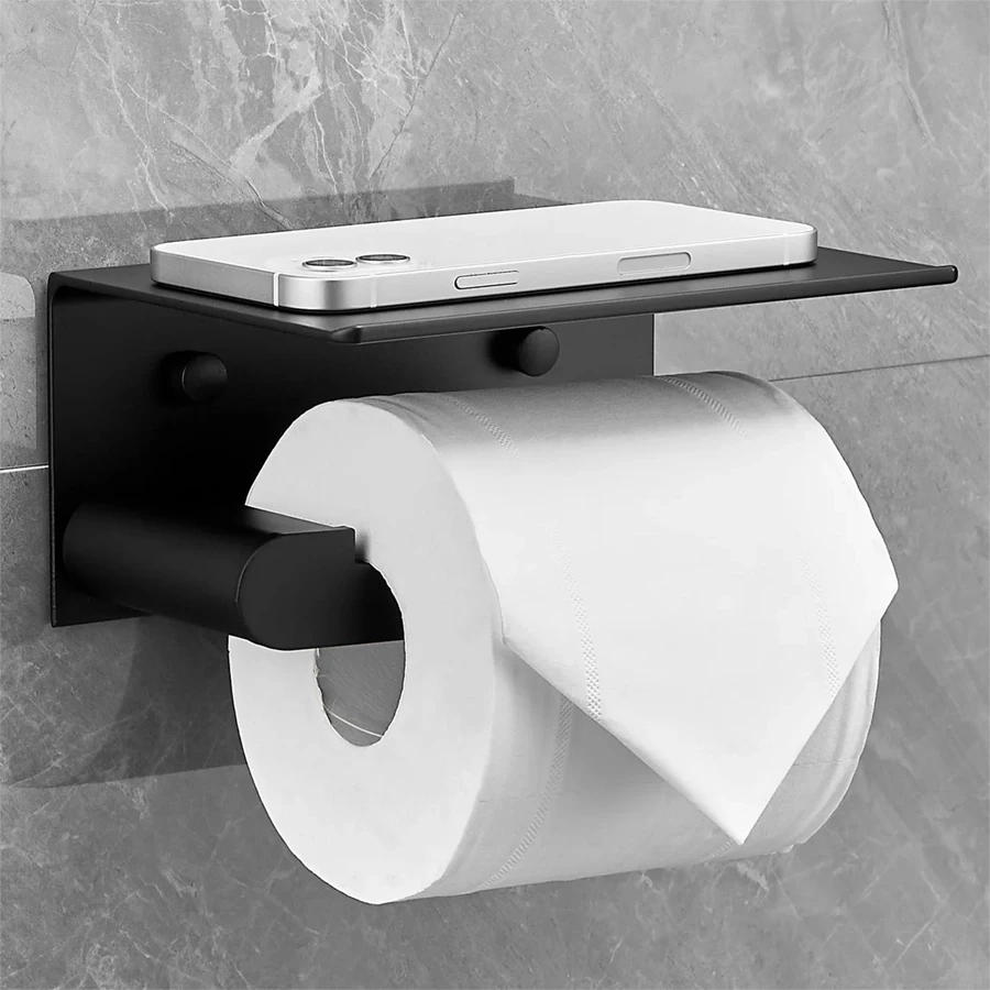 Aluminium Toilet Paper Holder with Mobile Stand/Tissue Roll Holder with Mobile Stand/Bathroom Accessories (Black)