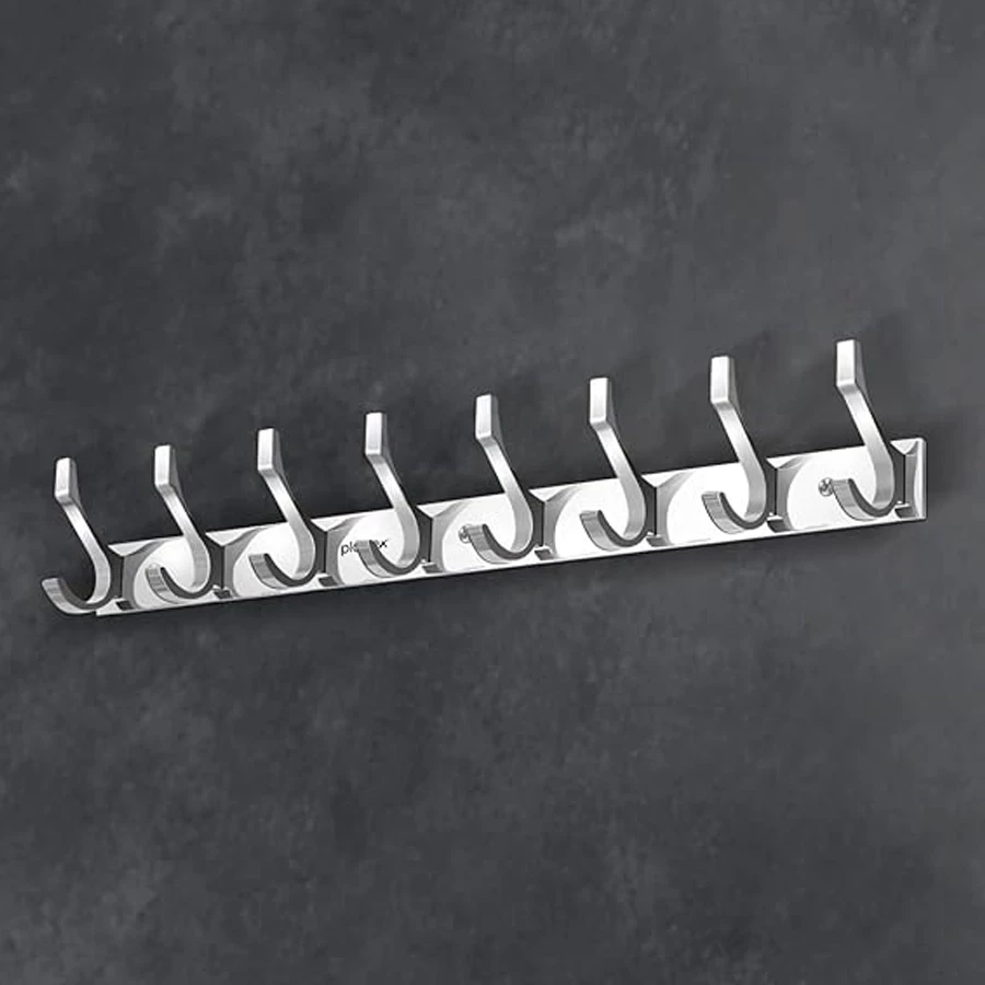 Aluminium Cloth Hanger Wall Mounted with 8 Hooks for Bathroom/Kitchen - Cloth Hanger/Towel Hanger/Keys Holder - Pack of 2 (8 Hooks, Chrome)