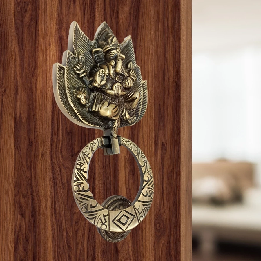 8" Brass Lotus Ganesh  Door Knocker | Brass Antique Ganesh Door knocker | Ganesh Ji on Lotus Door Knocker | Antique Brass Lotus Door Knocker
