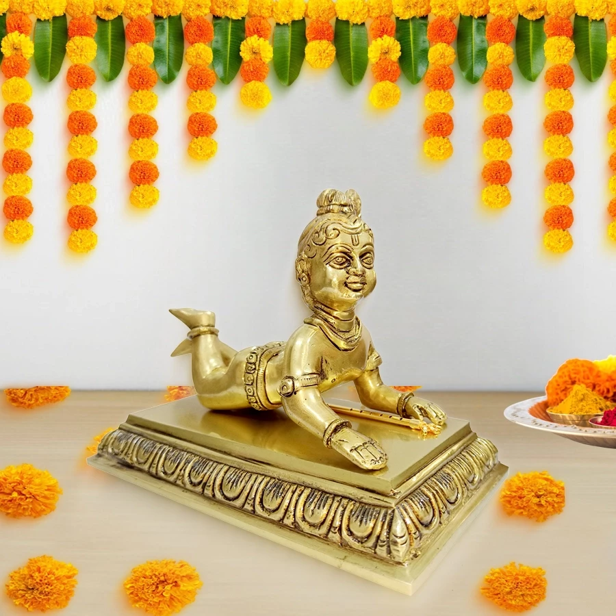 Brass Laddu Gopal BLG-001 | Bal Gopal Statue| bal Gopal Antique Statue | Laddu Gopala with Singhasan | Brass Krishna Murti | Solid Brass Antique Finish | Big Size 6.6 Inchs 1.68 Kg