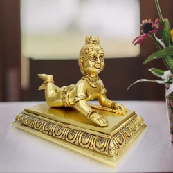 Brass Laddu Gopal BLG-001 | Baal Gopal Statue| bal Gopal Antique Statue | Laddu Gopala with Singhasan | Brass Krishna Murti | Solid Brass Antique Finish | Big Size 6.6 Inchs 1.68 Kg