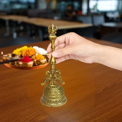 6" Pack of 1 Brass Hand Bell BBL-006 | Pooja Handle Bell | Brass Pooja Bell for Temple | Ghanti Mandir | Made of Top Brass Antique 410 gm