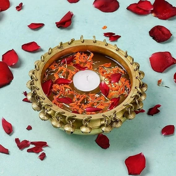 Brass Urli Bowl with Bells | Ethnic Design Pot for Home Decor Temple Room, Gift,(8.2 Inches, 1.9Kg, Golden Yellow