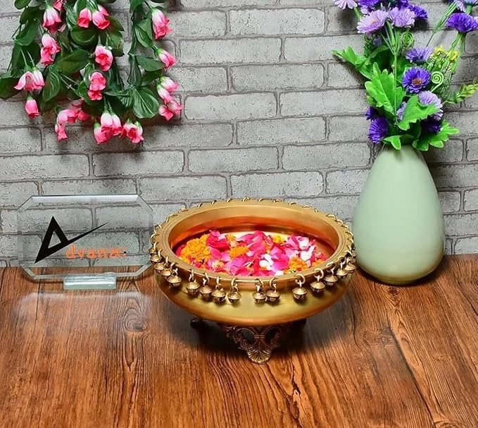 10 Inches Ehtnic Carved Legs Brass Urli Bowl with Bells, Urli Bowl for Home Decor, Diwali Decoration, Standard, Antique Yellow, Pack of 1