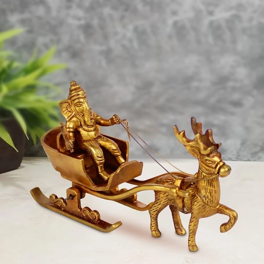 Brass Santa as Ganesha Showpiece, Brass Ganesha's Sleigh Riding Reindeer, Standard, Pack of 1