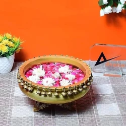 10 Inches Ehtnic Carved Legs Brass Urli Bowl with Bells, Urli Bowl for Home Decor, Diwali Decoration, Standard, Antique Yellow, Pack of 1