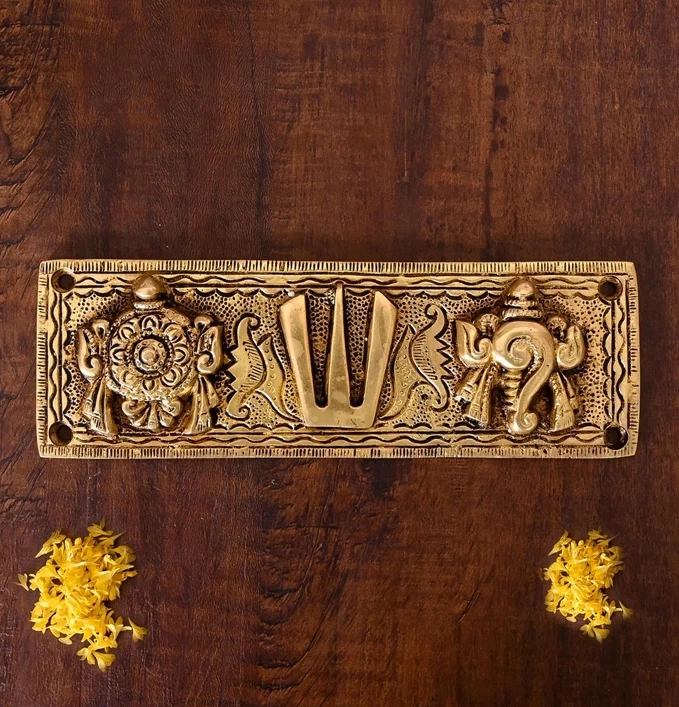 Brass Shankh Chakra Namah Wall Hanging | Yellow Wall Decor for Home & Office | Spiritual & Vastu Decorative Item