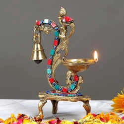 Advanzo Brass Curved Oil Diya with Peacock Design – Antique Deepak for Diwali & Festive Decor Style Diya for Vastu (11 inches and 700g)ADZ/033