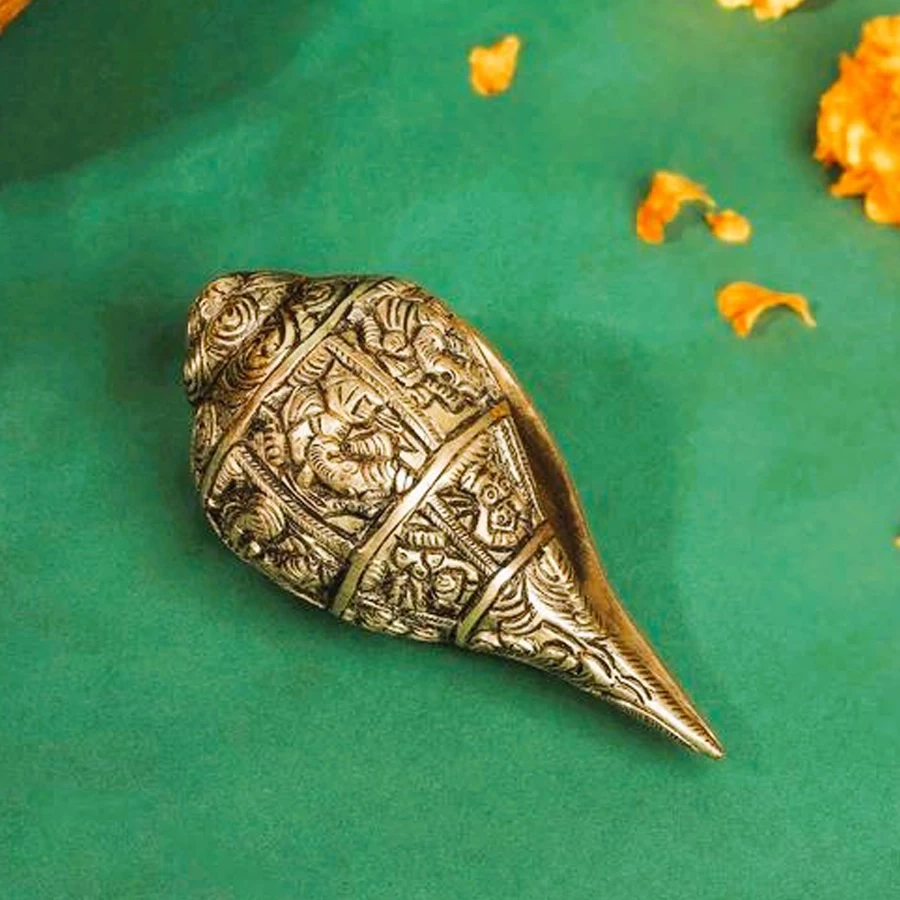Advanzo Divine Brass Ganesha Shankh | Handcrafted Temple Conch Showpiece | Pooja & Mandir Décor | Spiritual Gift – Pack of 1