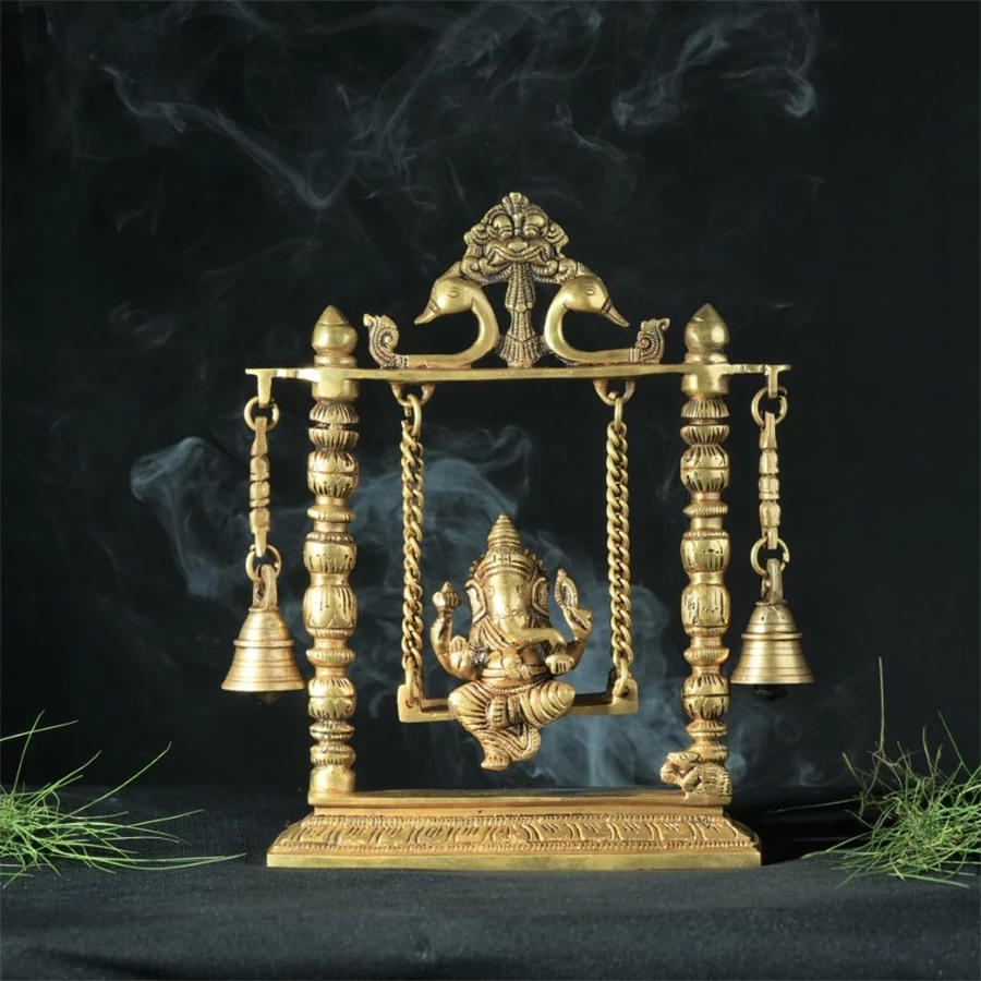 Advanzo Brass Ganesha on Jhoola (Swing) with Bells Showpiece for Mandir & Living Room Standard, Yellow, 1 Piece