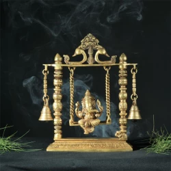 Advanzo Brass Ganesha on Jhoola (Swing) with Bells Showpiece for Mandir & Living Room Standard, Yellow, 1 Piece