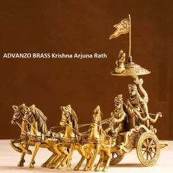 ADVANZO Brass Krishna Arjuna Rath Showpiece | Mahabharat Krishna Arjuna Rath Chariot with 4 Horses Brass, Standard Showpiece (Yellow) (Pack of 1)
