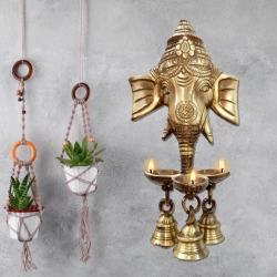 8.5" Pack of - 1 Brass Ganesh Hanging Diya | Antique Finish | Handcrafted Brass Oil Lamp for Puja, Temple & Wall Decor | Traditional Indian Ganesha Diya | Antique Brass Ganesh Diya | Hanging Oil Lamp for Pooja Room & Temple Decor