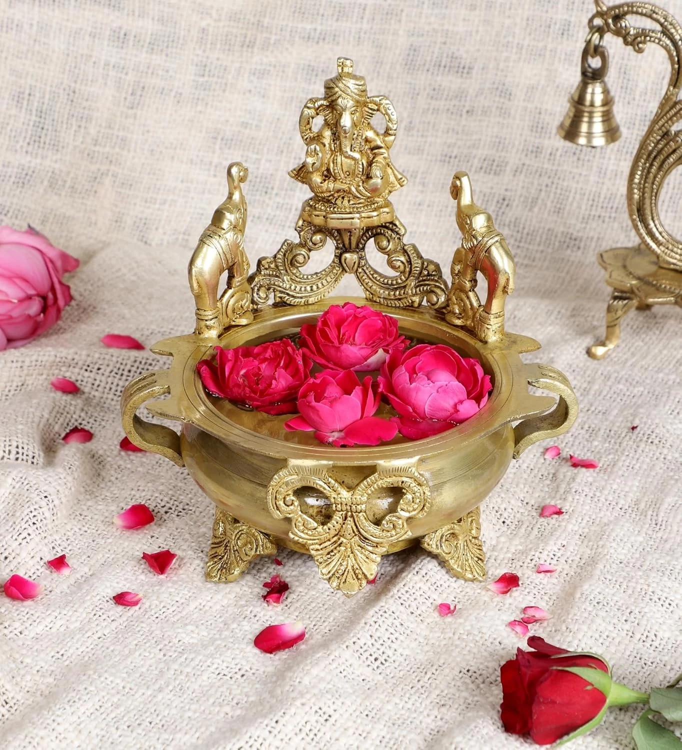 ADVANZO Ganesha with Elephant Design 7.5 Inches Brass Urli Bowl for Home Decor, Brass Urli Decor, Urali Decoration Bowl, Antique Yellow,