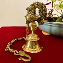 Advanzo Vintage Brass Temple Bell with Peacock On Kadiya Chain 3.5 x 3.5 x 7 Inch 23-Inch Hanging Kadiya Chain (Antique Yellow, Standard) Pack of 1