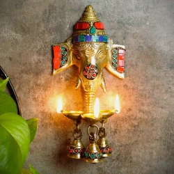Advanzo Gemstone Work Brass Ganesha Wall Hanging Diya with Bells for Home Decor, Brass Hanging Diyas Oil Lamp, Diwali Gifts, Diyas for Diwali, Ghanti for Pooja, Temple Decor, Pack of 1