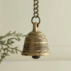 Advanzo Ethnic Indian Handcrafted Brass Temple Hanging Bell with Chain Wall Hanging Handcrafted | Ghanti for Pooja Room & Home Decoration | 5 x 5 x 6.2 x 40 Centimeters Bell with Chain