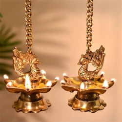 Advanzo Brass Peacock Carved Hanging Diya Set, Antique, Pack of 2, Standard