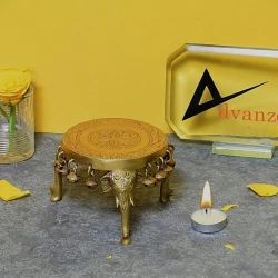 Advanzo Elephant Pillars Design Brass Pooja Chowki, Chowki for God Idols, Chowki for Pooja Brass Chowki with Bells, Yellow, Pack of 1