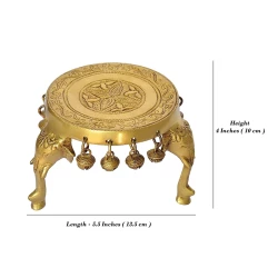 Advanzo 100% Pure Brass Pooja Chowki for God Idols (900 Grams) - Elephant Design Pillars with Bells - Brass Chowki Yellow for Home Temple, Puja Gift & Mandir Decor - Pack of 1