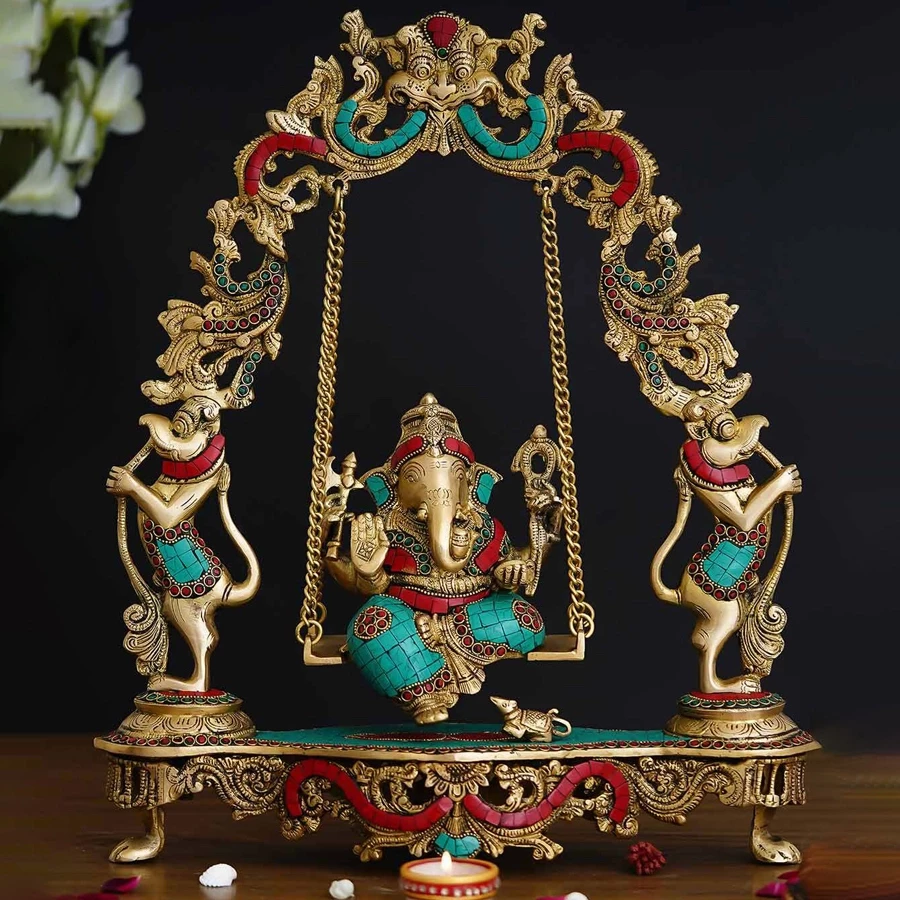 Advanzo Brass Ganesha Idol on Jhula Swing | Multicolored Stone Work Lord Ganesha Statue for Home Decor, Temple & Housewarming Gifts | Ganesh Idol for Gift, Home Temple & Decoration | Pack of 1