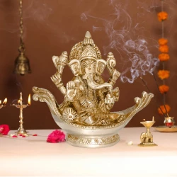 5"  Pack of - 1 Brass Boat Ganesh ji | Brass Ganesh Ji Statue with Boat Design | Handcrafted Antique Finish | Traditional Brass Ganpati Idol for Home Temple