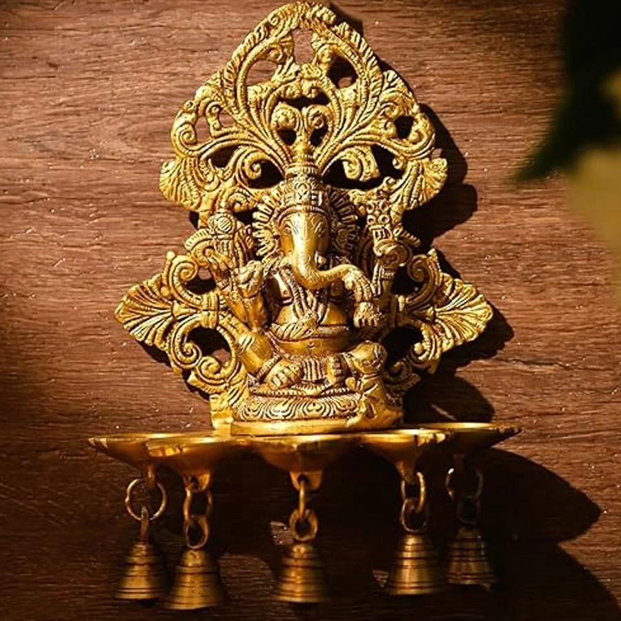 Advanzo Brass Panchdeep Ganesha Hanging Diya with Bells – Traditional Brass Oil Lamp | Antique Wall Hanging for Pooja Room, Temple & Festive Decor | Handcrafted Indian Spiritual Showpiece (Pack of 1)