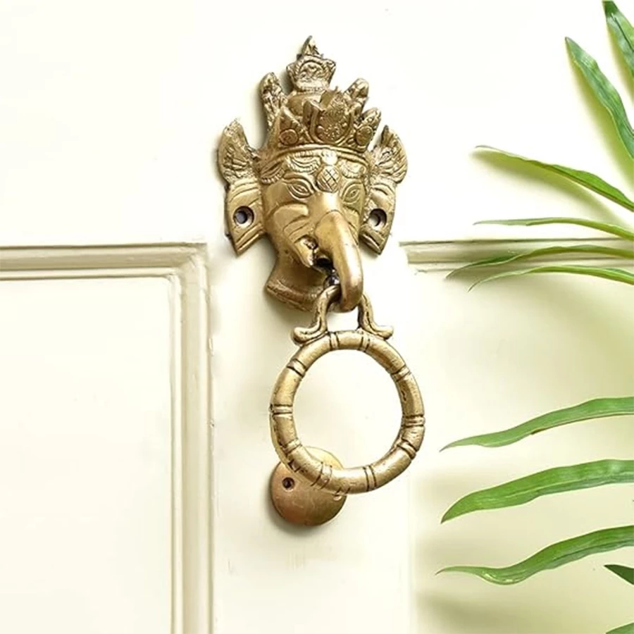 Advanzo Crown Ganesha Brass Door Knocker – Traditional Indian Brass Décor for Main Door, Handcrafted Antique Finish Pack 1