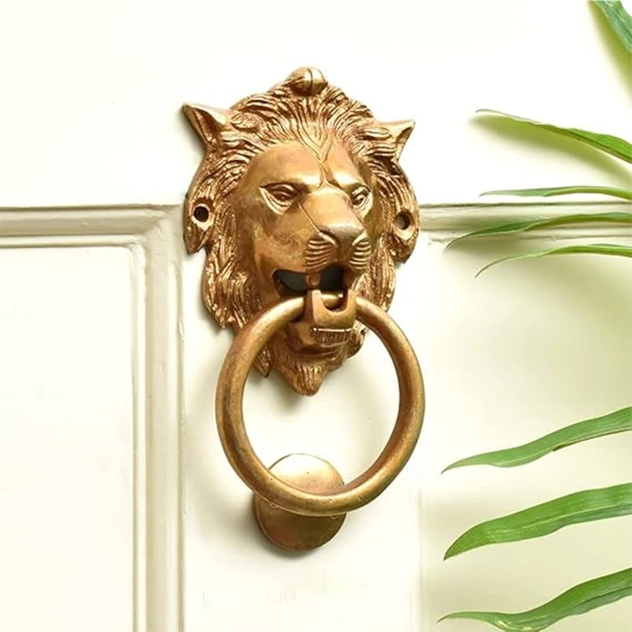 ADVANZO Brass Lion Face Shape Design Door Pull Handle Heavy Antique Royal Brass Door Knocker for Main Glass Wooden Door, Cabinet, Drawer 5.5 inches