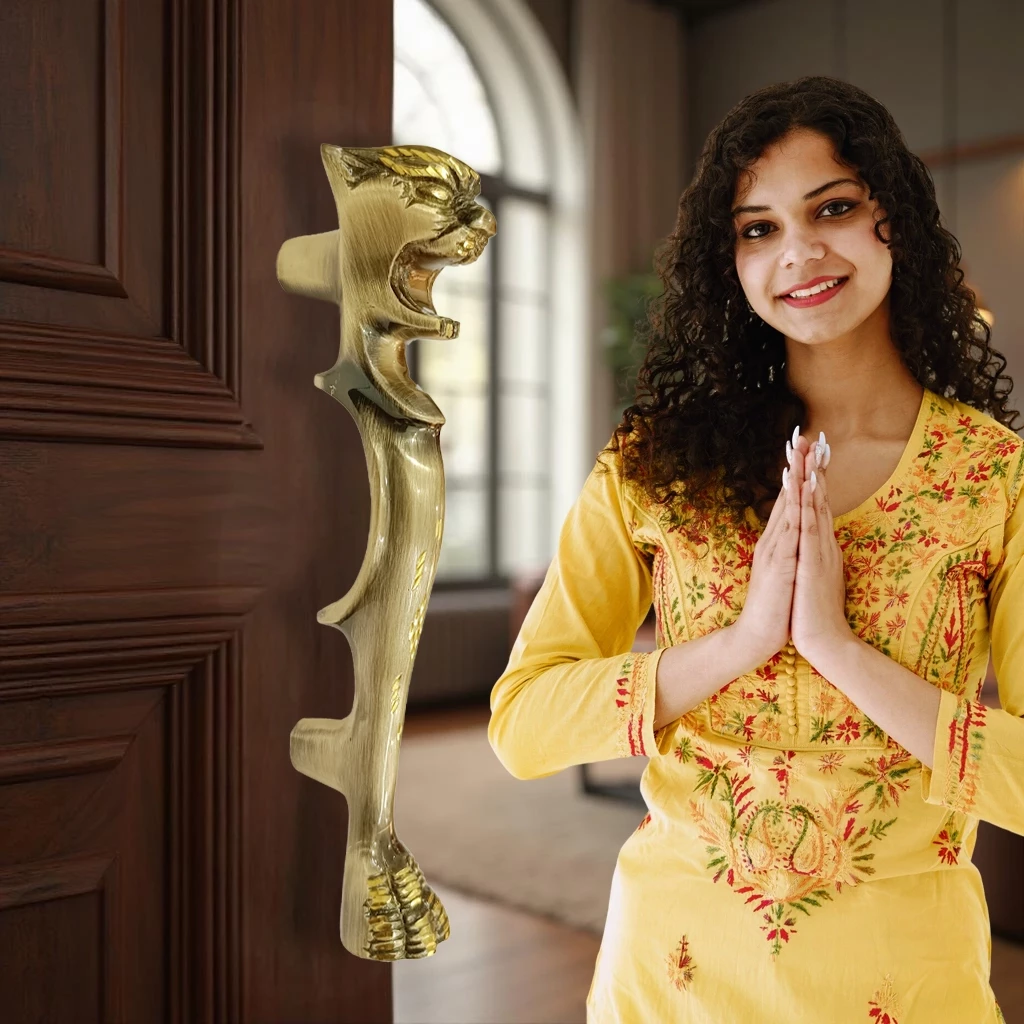 9" Tiger Head Brass Pull Handle | Antique + DC Finish | Pure Brass Door Handle | Heavy & Decorative Main Door Handle | Pack of 2