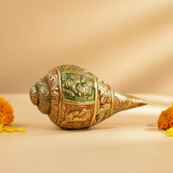 6" Pack of - 1 Big Brass Shank | Handcrafted Brass Conch Shell | Multi Color Finish | 6" Length | Traditional Hindu Pooja & Home Temple Showpiece