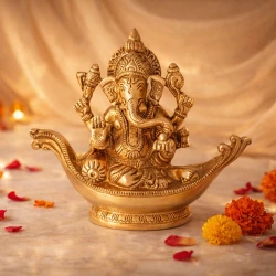 5"  Pack of - 1 Brass Boat Ganesh ji | Brass Ganesh Ji Statue with Boat Design | Handcrafted Antique Finish | Traditional Brass Ganpati Idol for Home Temple