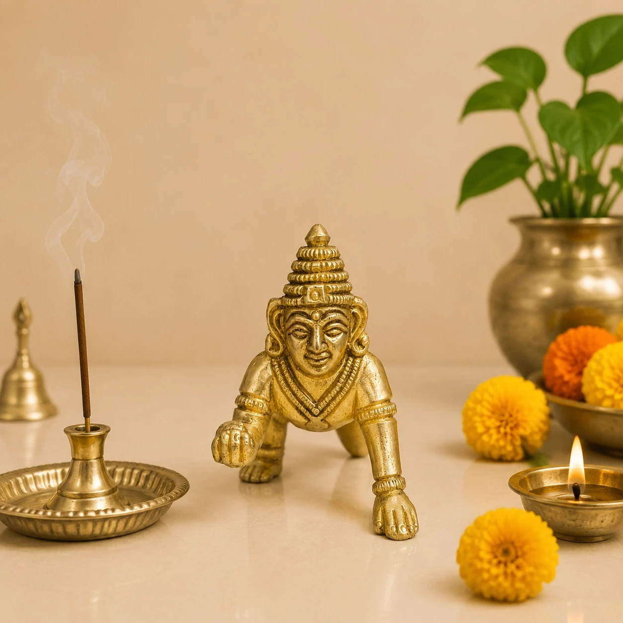 Brass Laddu Gopal BLG-003 | Bal Gopal | Krishna Gopala Idol Statue | Pure Brass Gopala Pital Murti Size 2.5"