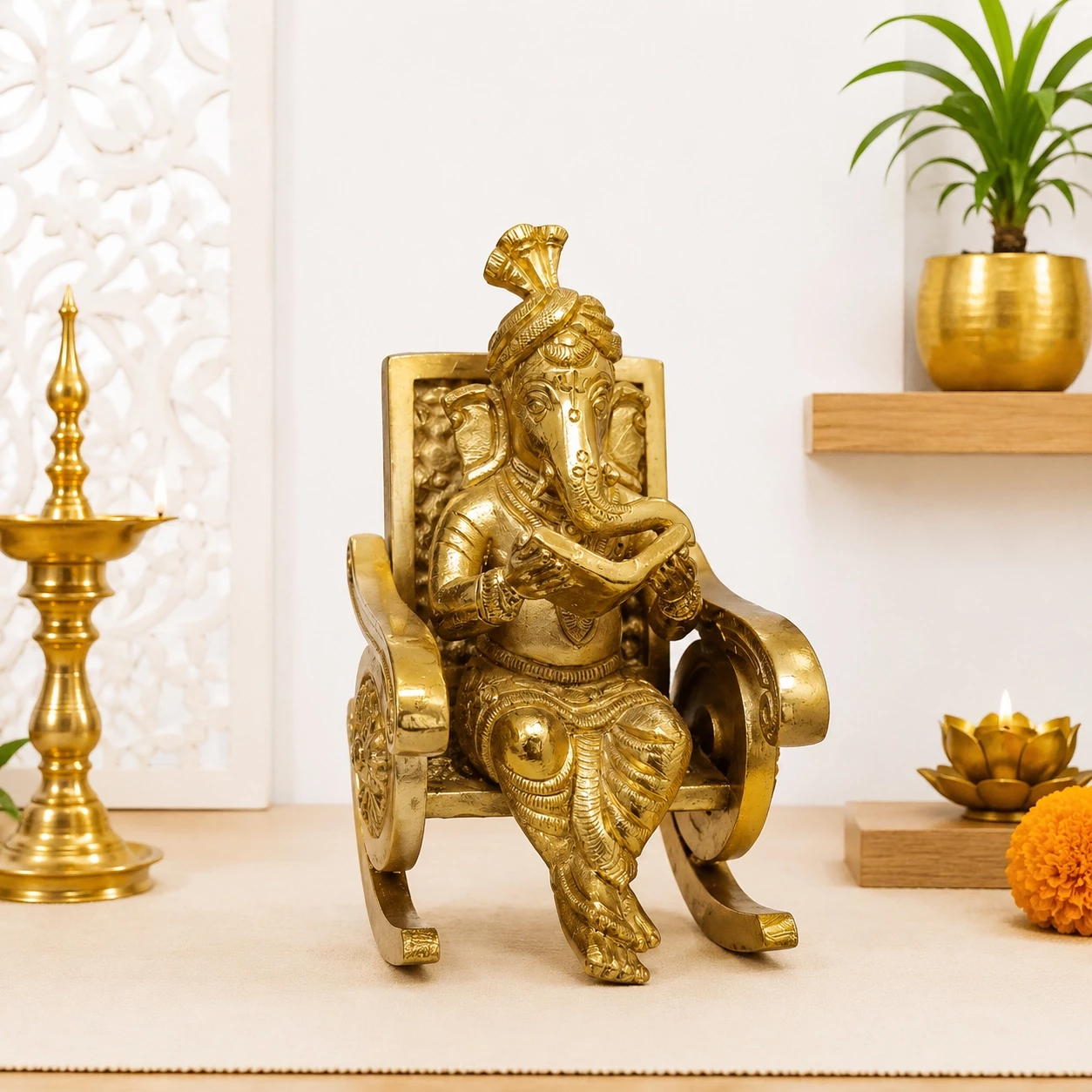 12cm Pack of 1 Brass Chair Ganesha Idol BCG-004 |  Gold Finish | Ganpati Idol | Brass Lord Ganesha | Ganpati for Pooja | Bhagawan Ganesha | Ganesh Idol for Home | Ganesh Chaturthi Worship Items