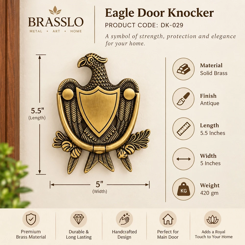 Eagle Door Knocker 5.5 Inch | Solid Brass Antique Finish | Decorative Main Door Knocker | Vintage Brass Door Hardware | Royal Eagle Design | DK-029