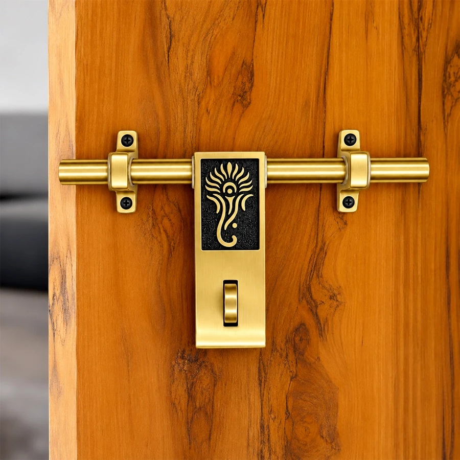Brass Aldrop for Main Door, Antique Finish Decorative Brass Door Latch with Ganesh Design, 10 Inch Rod, 16mm Thickness, AL-043