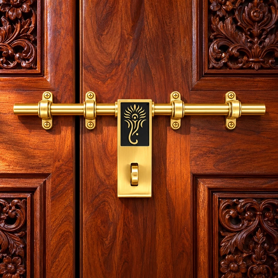 Premium Antique Brass Aldrop with Decorative Black & Gold Motif | 14 Inch Heavy-Duty Door Sliding Bolt Lock for Main Door, Traditional Door Latch Hardware | AL-044