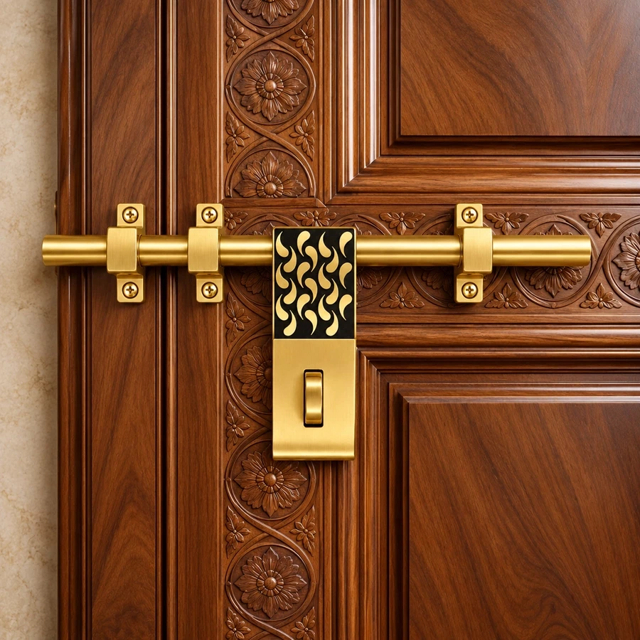 Brass Aldrop 12 Inch Antique Finish, Decorative Golden Door Latch with Black Designer Pattern, Heavy Duty Brass Sliding Door Bolt for Main Door, Wooden Door, Entrance Door, 16mm Rod Thickness, 970g, AL-045