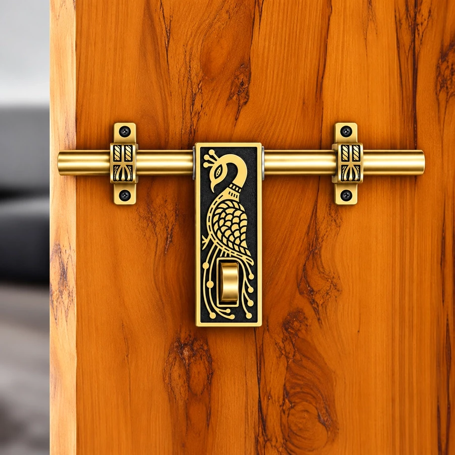 Brass Peacock Aldrop 10 Inch Antique Finish, Decorative Brass Door Latch with 16mm Sliding Bolt and Designer Handle for Main Door, Wooden Door, Entrance Door, Traditional Indian Home Hardware and Interior Door Fittings – AL-048